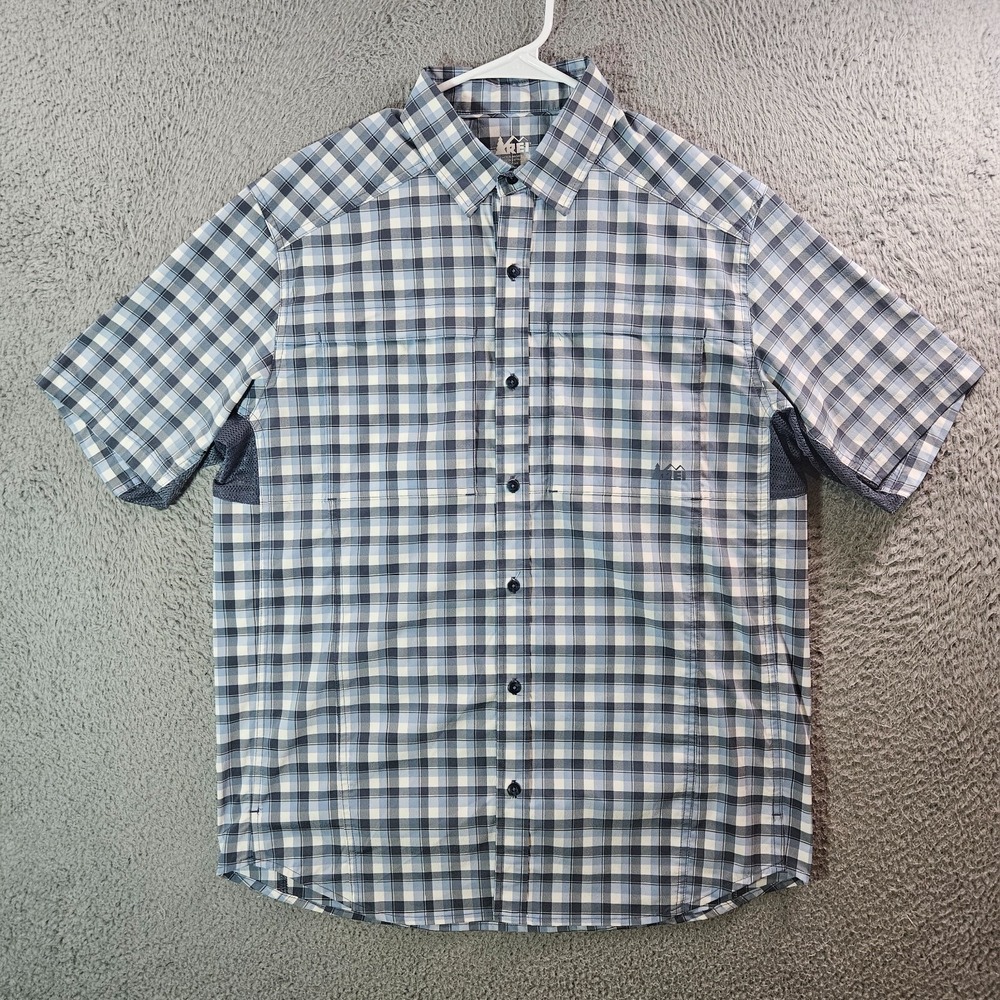 REI Outdoor Shirt‎ Men Medium Button Up Short Sleeve Vented Blue Gray White